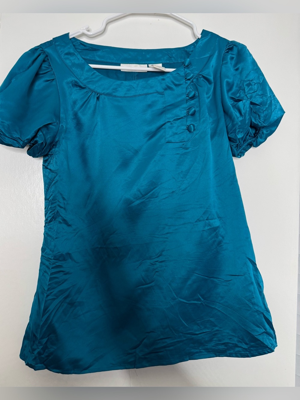 Worthington Teal Satin Puff-Sleeve Blouse Carter Y2K size small
